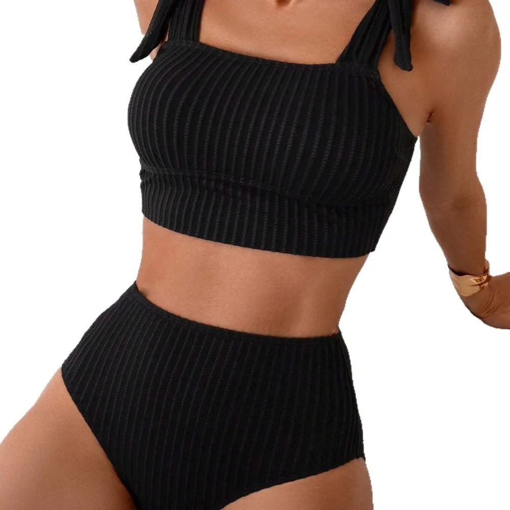 Gifts Ribbed Texture Bikini Set Tie Shoulder Cropped Top Swimsuit Set Stretch Fabric High Waist Bikini Top Summer Vacation