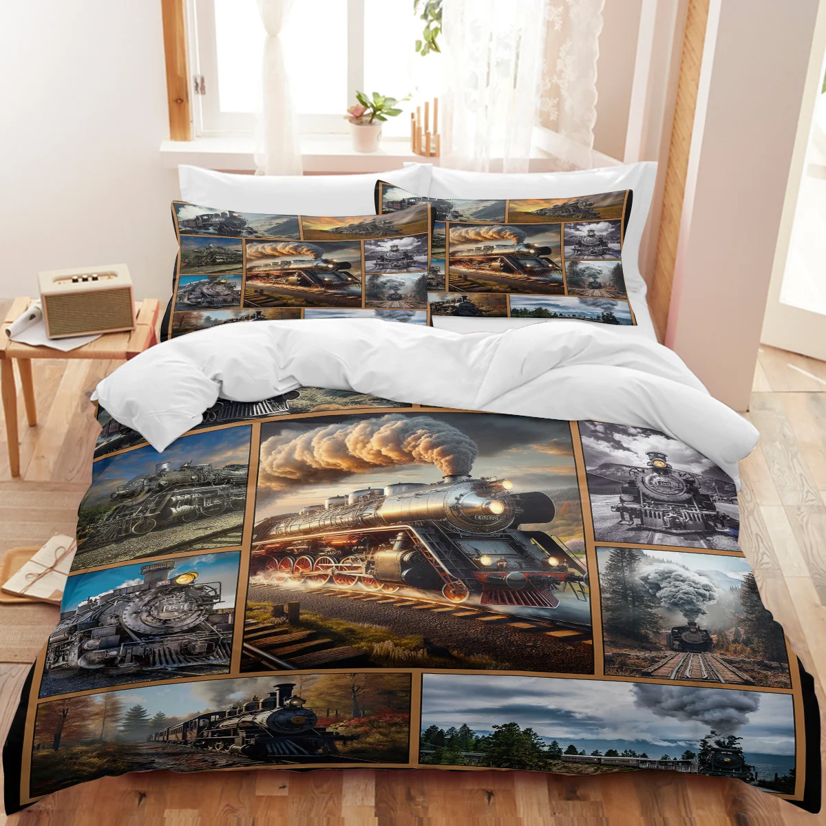 BeddingOutlet Retro Locomotive Duvet Cover Set Warm Soft Railway Engine Train Bed Set with Zipper Closure for Boys Girls Bedroom