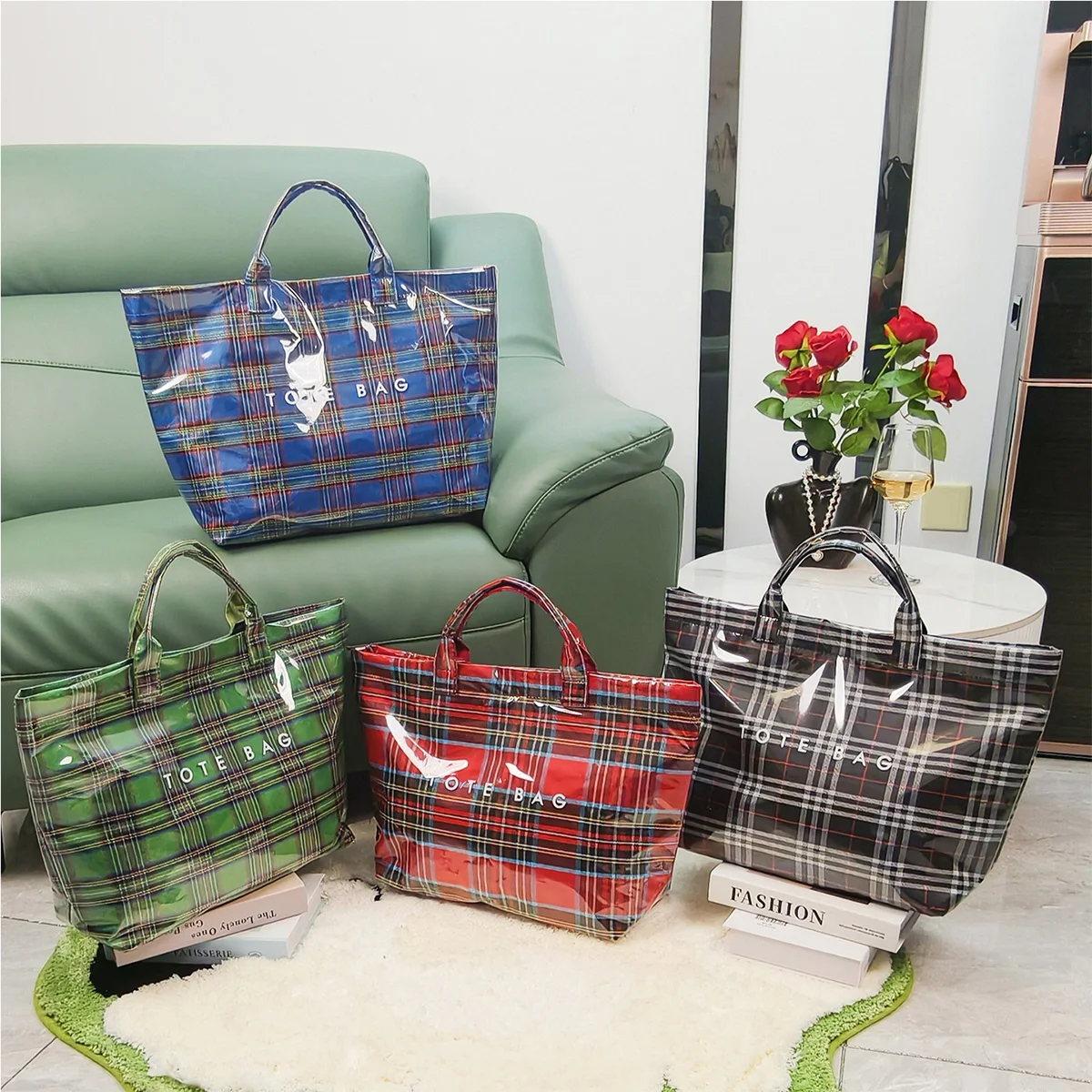 

Модная сумка через плечо, прозрачная ПВХ, винтажная клетчатая сумка с буквенным узором, большая вместительная сумка-тоут на липучке, многофункциональная для ежедневного использования