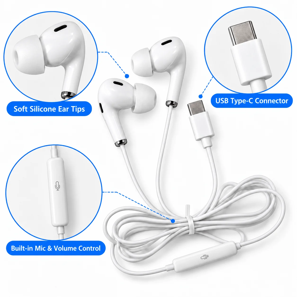 USB Type C Wired Earphones with Mic Volume Control Stereo In Ear Headphones 1.1m Cable Earbuds for Android Phones Tablets