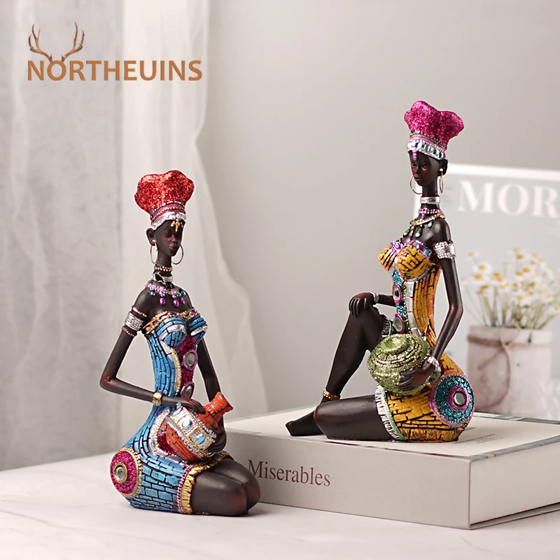 NORTHEUINS Resin African Black Women\'s Ornaments Exotic Holding Pottery Jars Home Living Room Desktop Decor Statues Art Figures