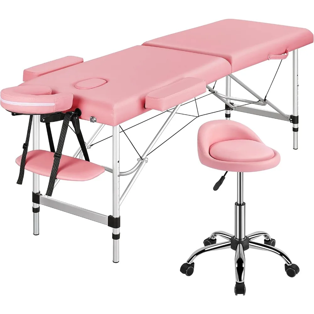 

Massage Table with Rolling Stool & Adjustable Salon Chair Aluminum Massage Bed Swivel Stool Waxing Table Physical Ther