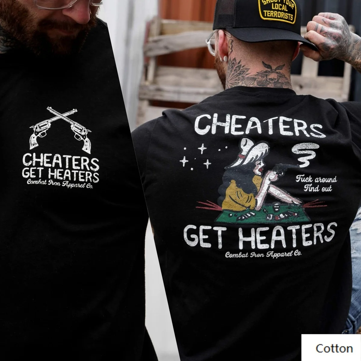 

Hardcore Retro “Cheaters Get Heaters Vibe” Cotton Crew Neck T Shirt Featuring Design with Crossed Revolvers Vintage - Styled
