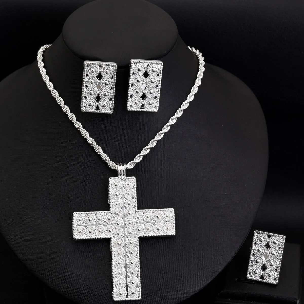 Silver Color Ethiopian Jewelry sets Cross pendant necklace 3-Piece Sets African Eritrean Wedding Engagement Ethnic Gift #146