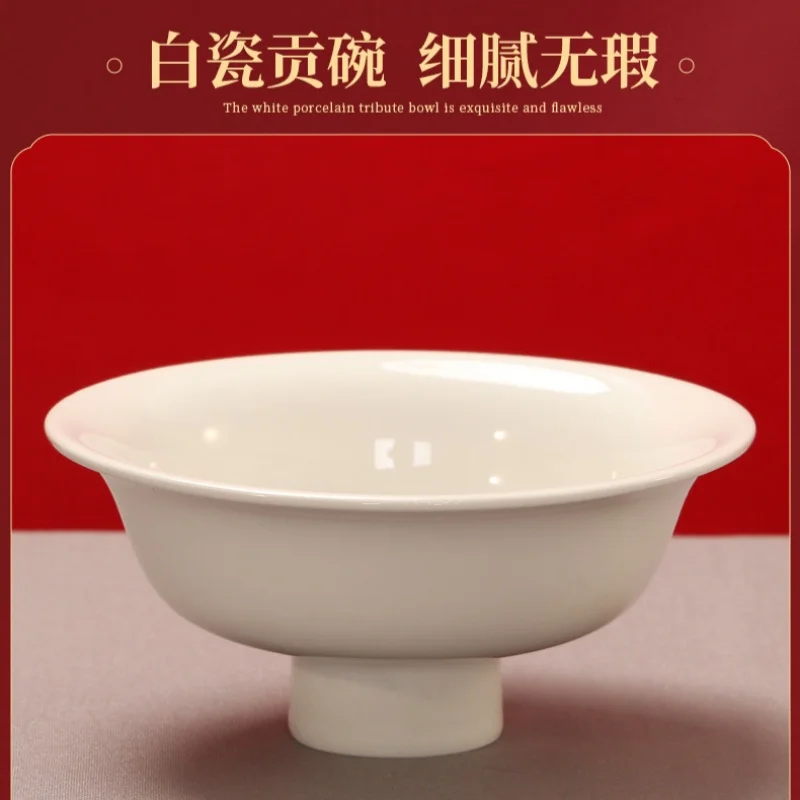 Tibetan White Porcelain Offering Set Traditional Eight Auspicious High-Footed Dharma Bowl, Buddhist Temple Water Purification Cu