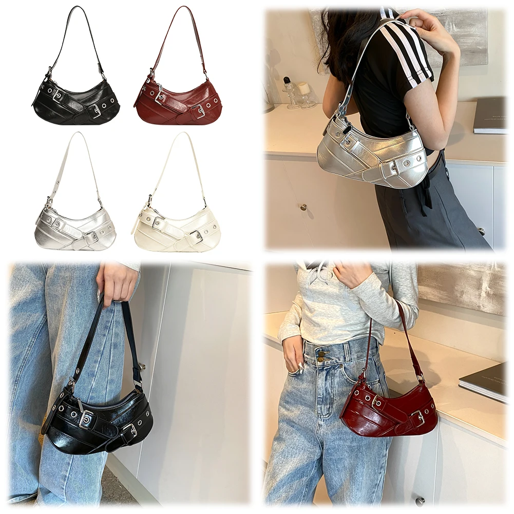 Y2K Handbag Vintage Underarm Bag Women PU Leather Punk Crossbody Bag Adjustable Strap Armpit Bag for Vacation Travel Commuting