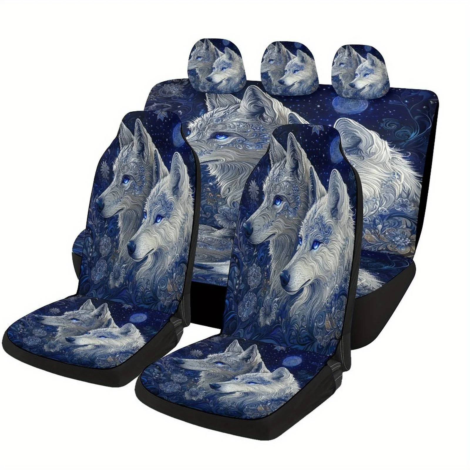 Silvery Wolves Designed Car Seat Cover Set For Most Cars, Fashion Novelty Car Seat Protector Covers Full Set, Universal Car Sea
