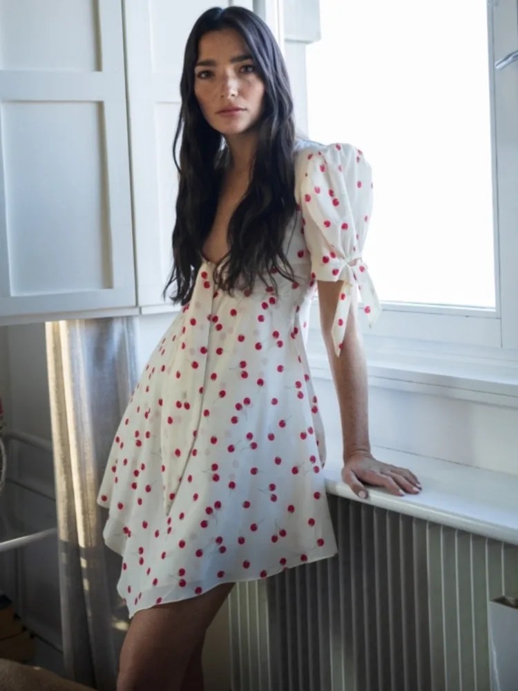 Elegante manga curta com decote em u bolinhas vestido de camada dupla feminino verão estilo rua vestido novo verão férias beachwear