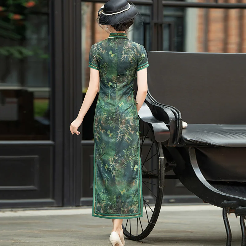 Elegant Women Chinese Tradition Style Satin Cheongsam New Improved Female Mandarin Collar Green Qipao Short Sleeve Dress