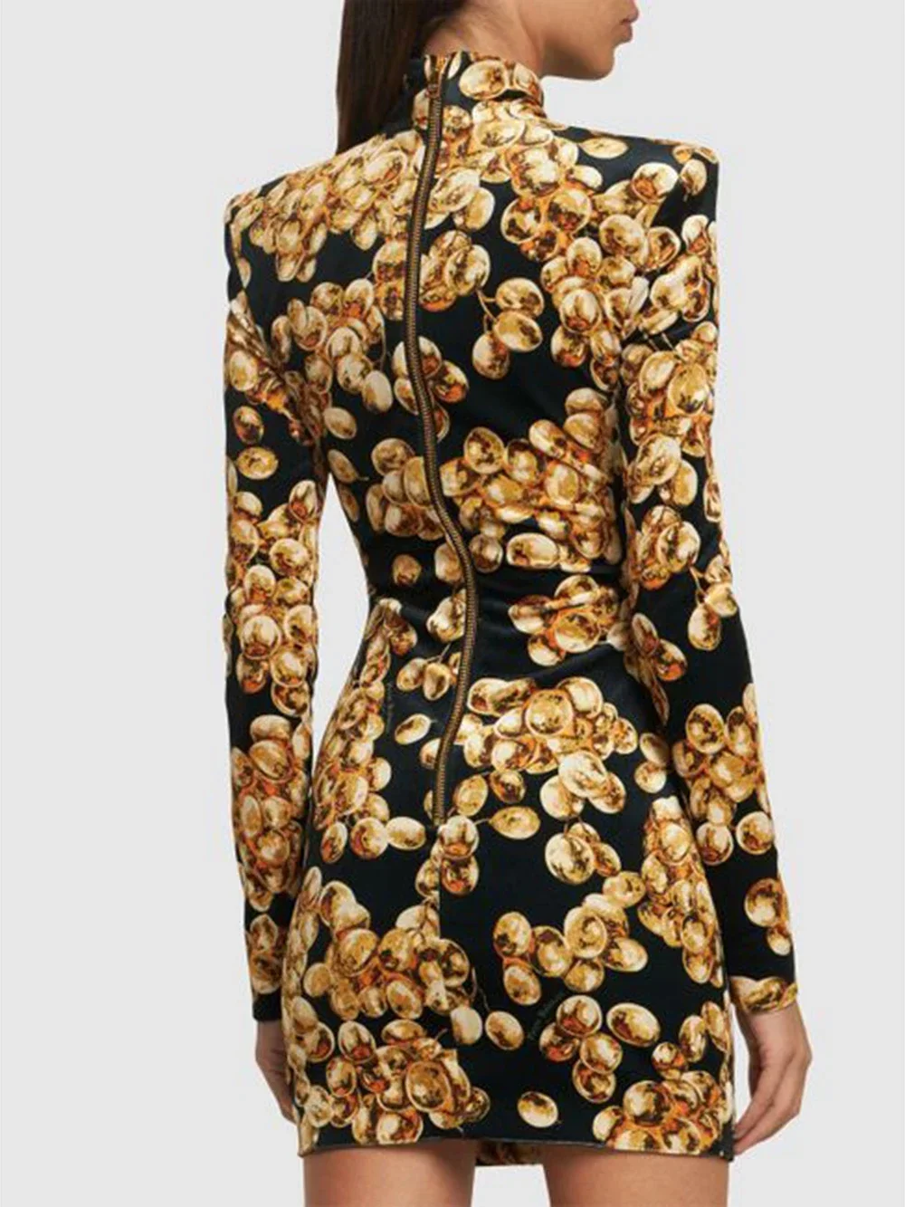 2024 Winter New Grape Printed Gold Velvet Turtleneck Slim Mini Dress Women Button Long Sleeve Club Celebrity Party Dress