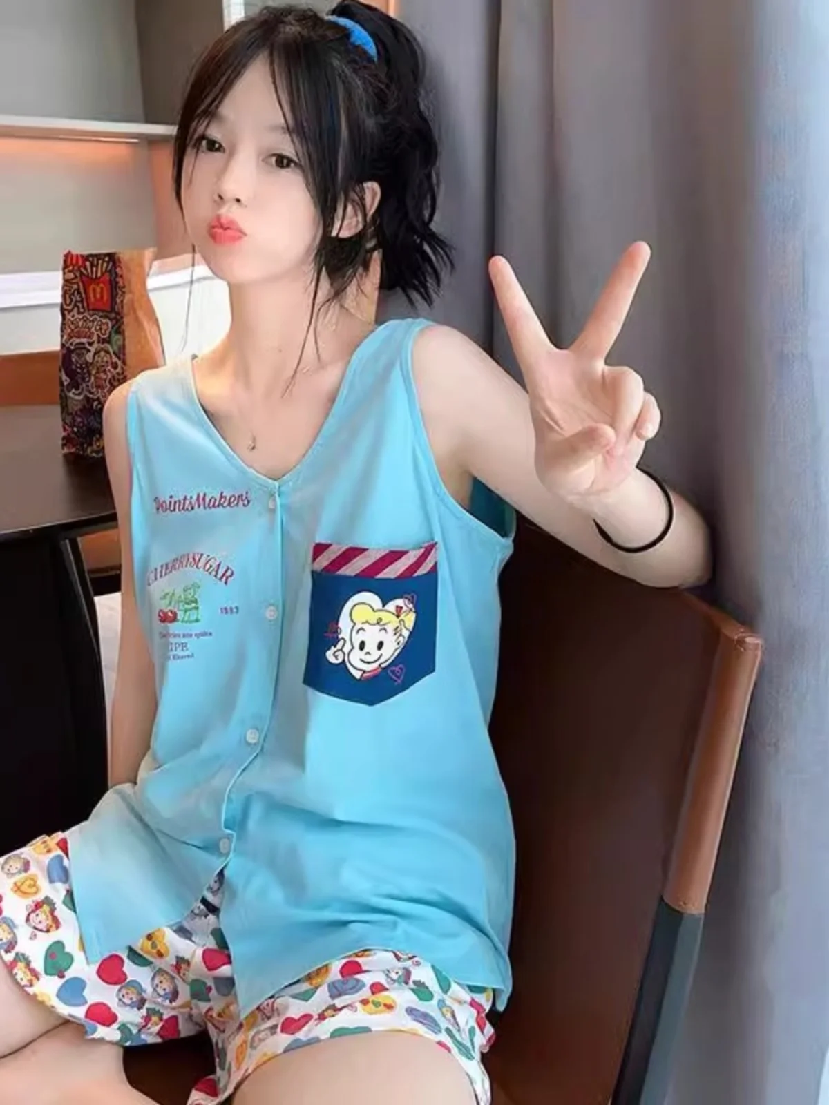 

Large Size 300 Pounds Cute Japanese Style Sleepwear Set Women Summer Sleeveless Vest Shorts Home Clothes Two Piece Set