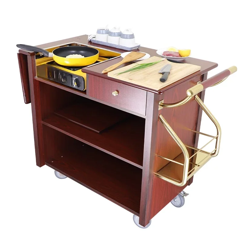 Hotel cooking cart, mobile abalone cart, foldable mobile multi-function double-headed luxury cassette stove dining cart