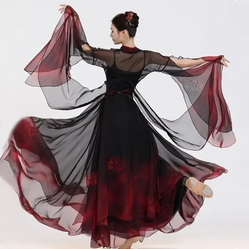 Classical Dance Practice Black And Red Flowing Dance Costume Black Top Skirt Ancient Style Chinese Performance Gauze Suit Set