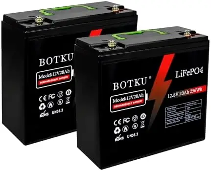 12V 20Ah Lithium LiFePO4 Deep Cycle Battery 2 Pack, 3000+ Cycle Rechargeable Lithium Iron Phosphate Battery for Solar, Fish Find