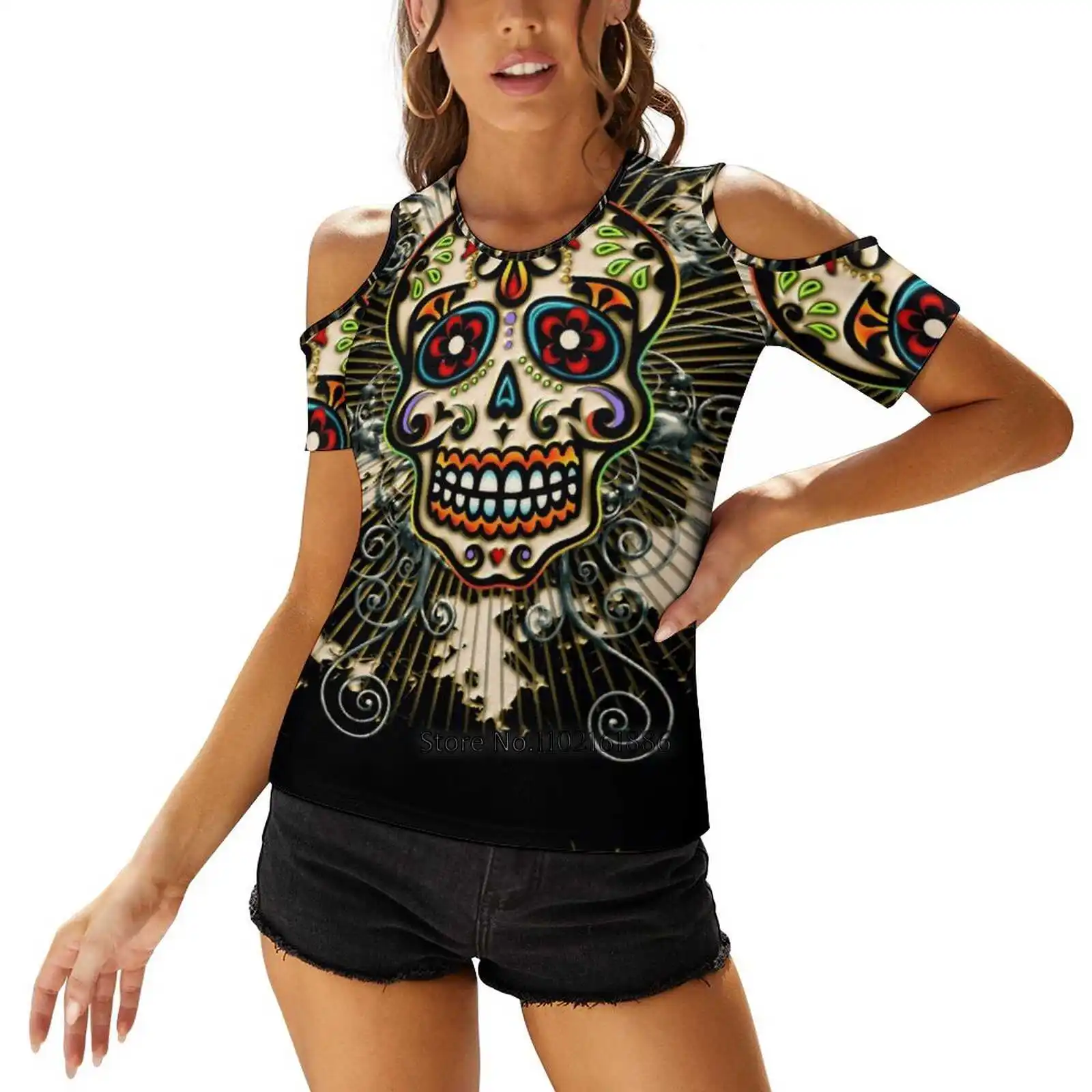 Day Of The Dead Women V Neck T-Shirt Casual Sexy T Shirts Hollow Out Zipper Pullover Top Dias De Los Muertos Mexican Skull