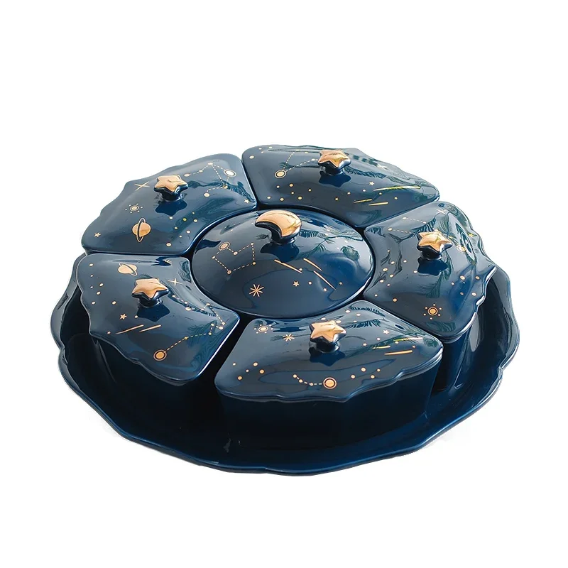 Rotatable Creative Ceramic Dried Fruit Plate Starry Sky Rotatable 6 grid Lid Snack Dessert Tray Trinket Dish Cute Ceramic Tray