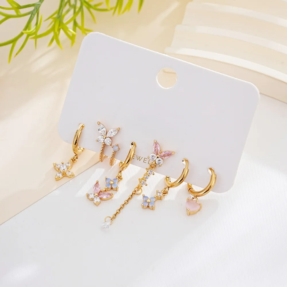 6PCS/Set New Sweet Butterfly Flower Dangle Earrings For Women Girls Zircon Tassel Hoop Earring Party Jewelry Gift
