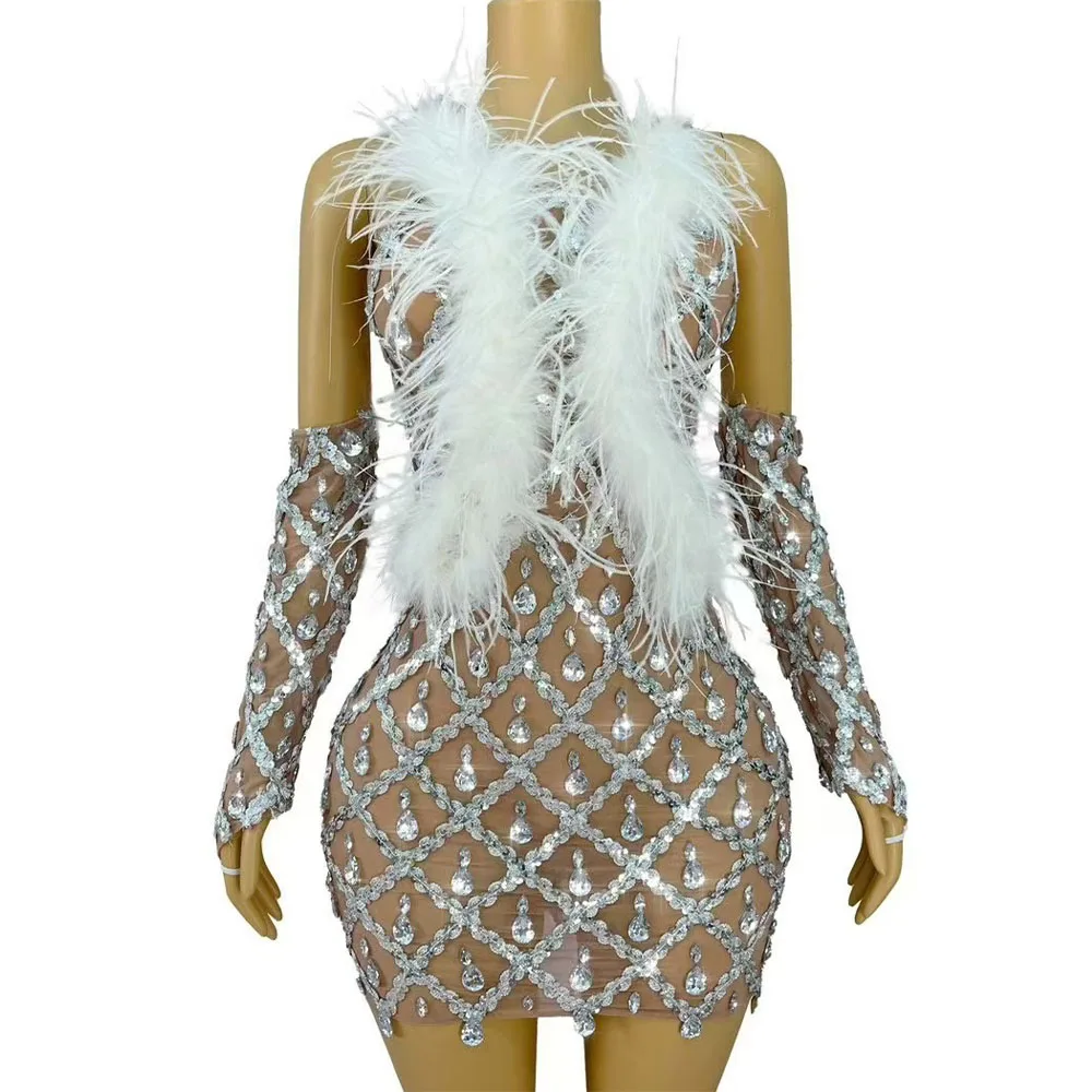 

Sexy Flashing Silver Rhinestones Sleeveless Dress With Gloves White Feather Mesh Outfit Women Evening Party Photoshoot Costume