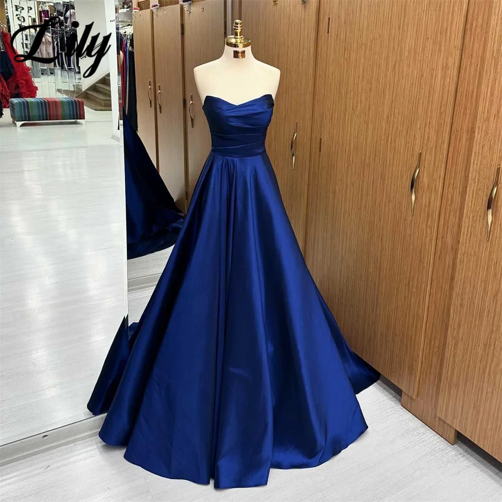 Lily Simple Blue Evening Gown A-Line Sleeveless Elegant Prom Dresses V-Neck Pleats Satin Wedding Evening Dress robes de soirée