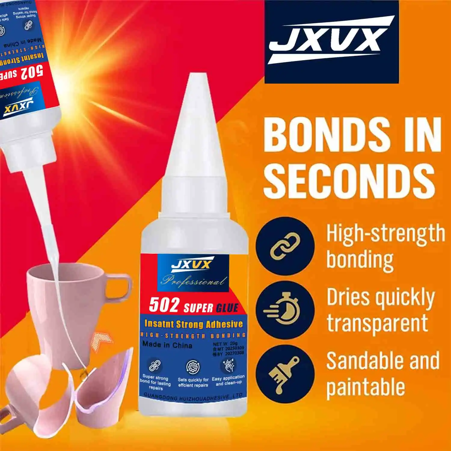 JXVX 1-5개 슈퍼 글루 502 가죽, 고무, 목재, 금속용 고강도 속건성 시아노아크릴레이트 접착제 고강도 액체 접착제 도구(정밀 분배기 포함)