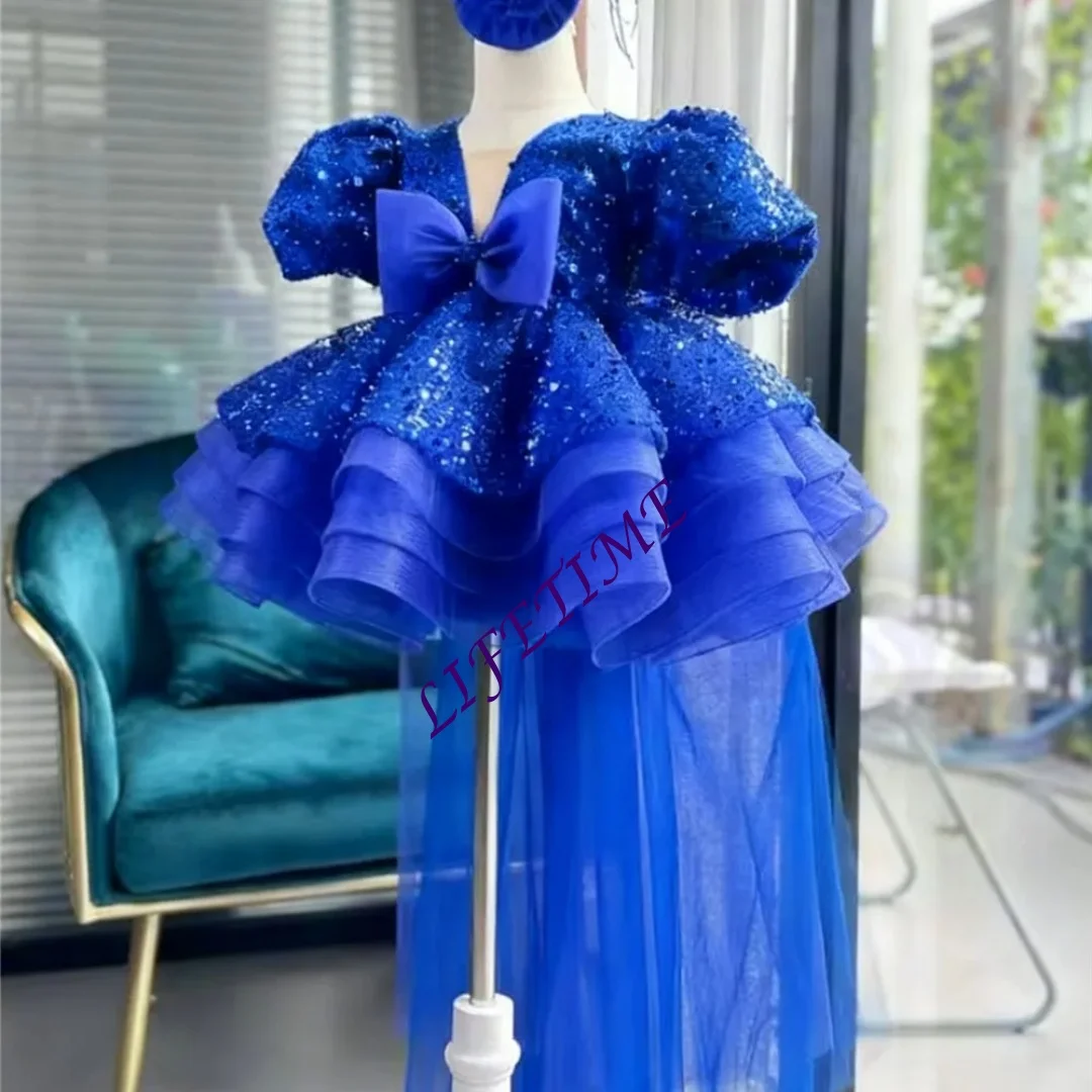 Customized Glitter Flower Girl Dress Sequined Bow Puffy Cute Baby Kids Birthday Princess First Communion Ball Gown Wedding