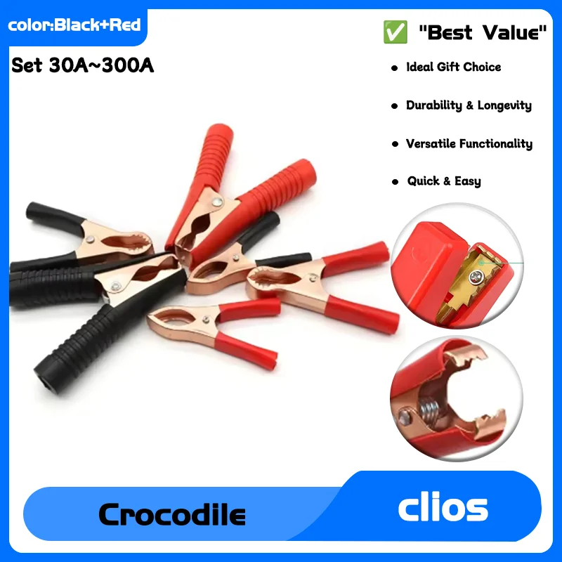 

Copper Crocodile Clips for Car Caravan Van Batteries Test Lead Plug Power Connector Battery Clip 1-5Pairs Black+Red Set 30A~300A