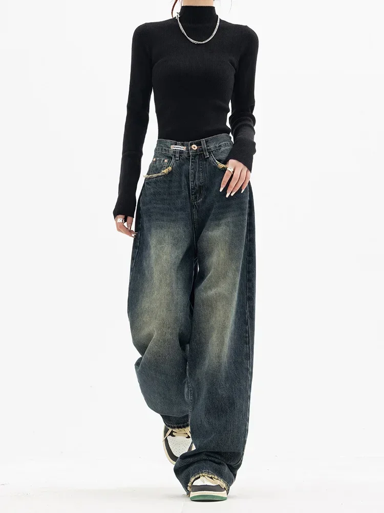 Women Vintage Streetwear Korean Baggy Cargo Jeans High Waist Straight Wide Leg Pants Denim Trousers Fairy Grunge Alt Clothes
