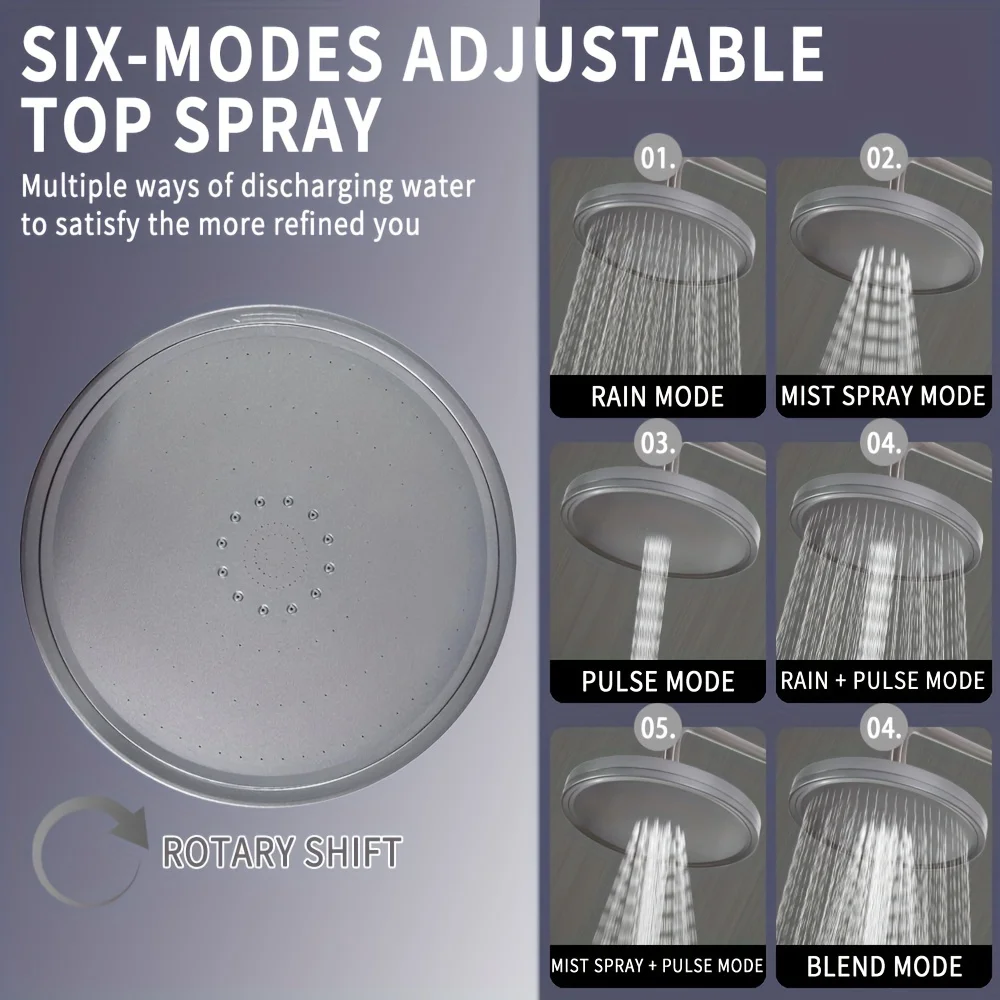 High Pressure Adjustable Rainfall Shower Head, 6 Effluent Modes, Grey, 8.86" Large Head, Pressurized Single-head, Bathroom Acces