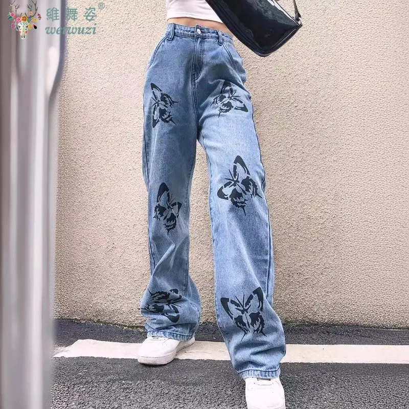 

Женские джинсы джинсовые брюки с принтом бабочки осенние новые прямые брюки с высокой талией свободные повседневные модные джинсовые длинные брюки в стиле ретро джинсы женские