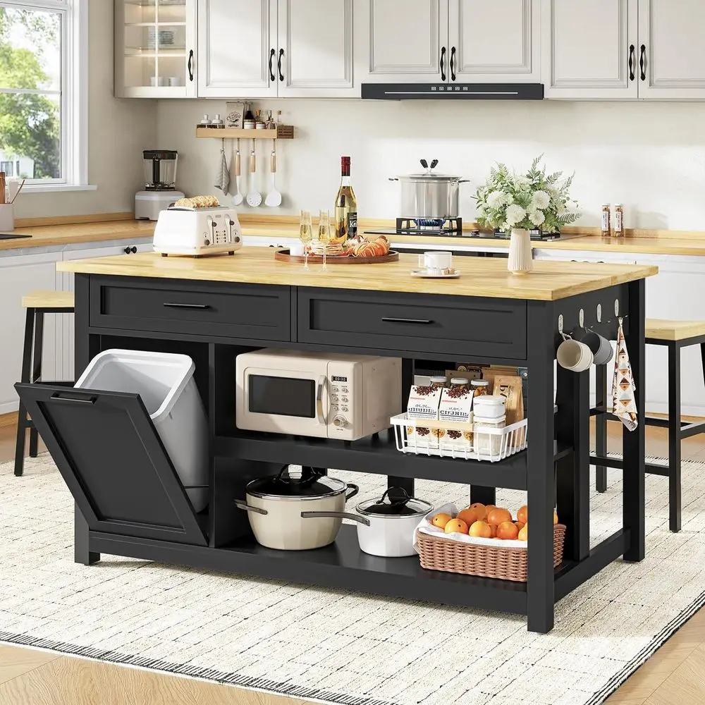 

47 Solid Rubberwood Kitchen Island with Storage, Seating for 2, Trash Bin, Power Outlet, and Open Shelves