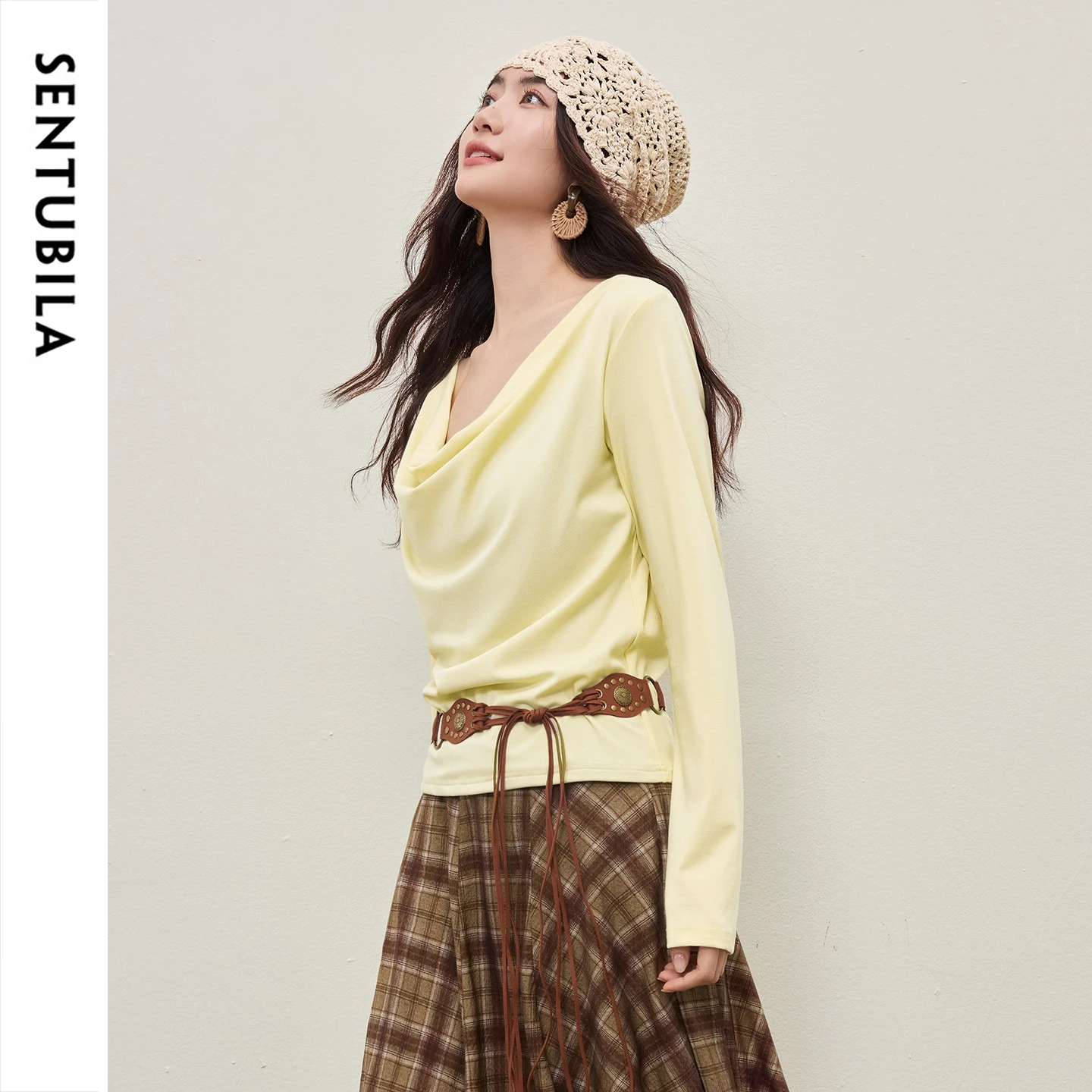 SENTUBILA Women Long Sleeve Yellow T-Shirt 2026 Fall Autumn Contrast Fake Two-Piece Cowl Neck Elegant Knitted Top 161TD5036