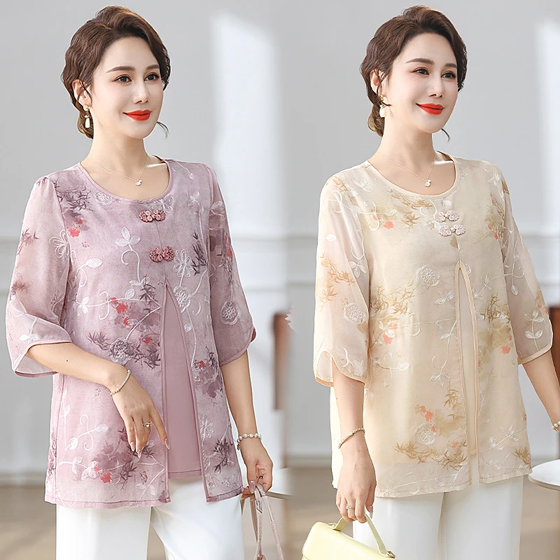 Fake Two Pieces Shirt Women Lace Hollow Half Sleeve Tops Summer Grandma Clothing Stretch  Middle Age Mother Blouse