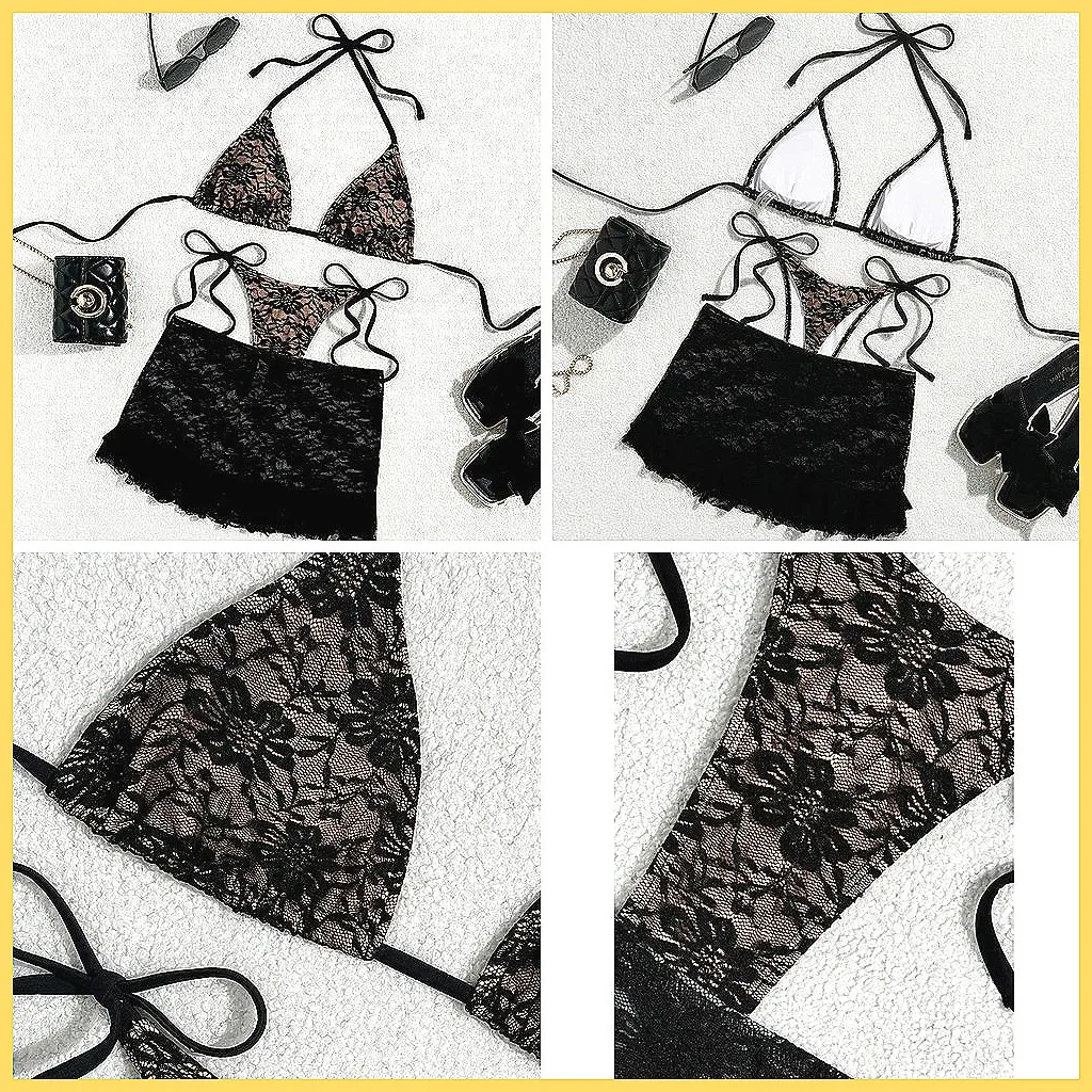 Sexy Brazilian 3-Piece Bikini Set, Lace Trim Swimsuit for Women, Beach Pool Bathing Suits