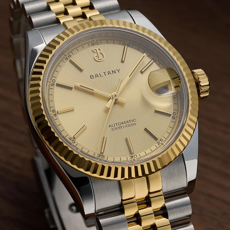 Baltany Retro 36mm reloj de vestir dorado S4084 bisel estriado impermeable 10ATM pulsera NH35 reloj de pulsera mecánico automático para hombres