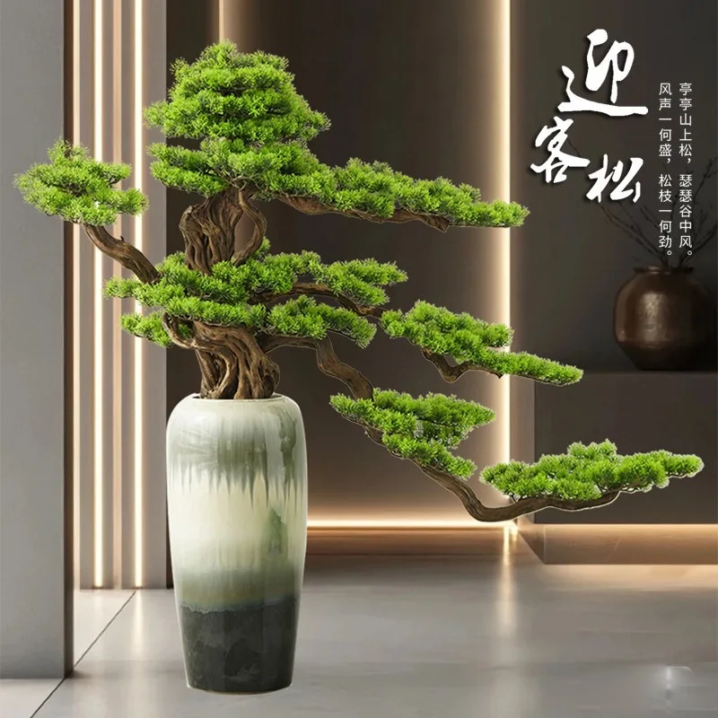 New Chinese style simulated welcome pine tea room hotel lobby entrance decoration large floor green plant fake tree landscaping