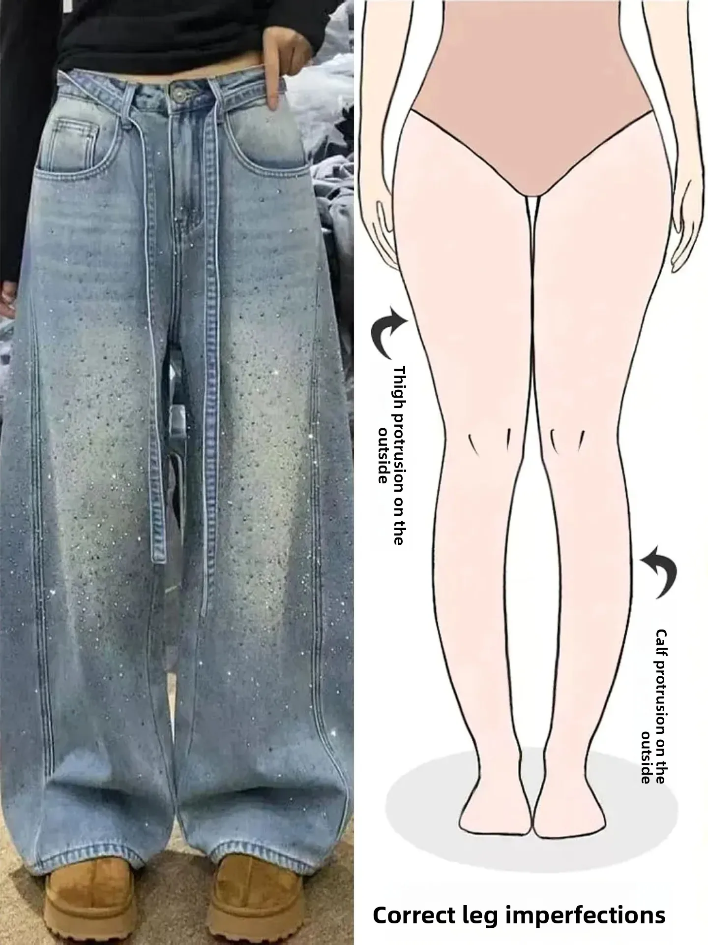 

Ретро-джинсы с американским дизайном и стразами, женские свободные брюки с широкими штанинами и поясом, длинные брюки для фигуры типа «груша», осенняя новинка.