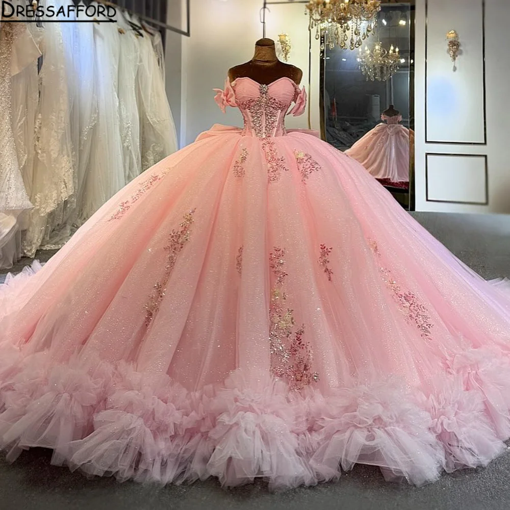 Pink Off The Shoulder Sweetheart Quinceanera Dress 2026 Appliques Lace- up Ball Gown 15 Year Old Dress Graduation Customized