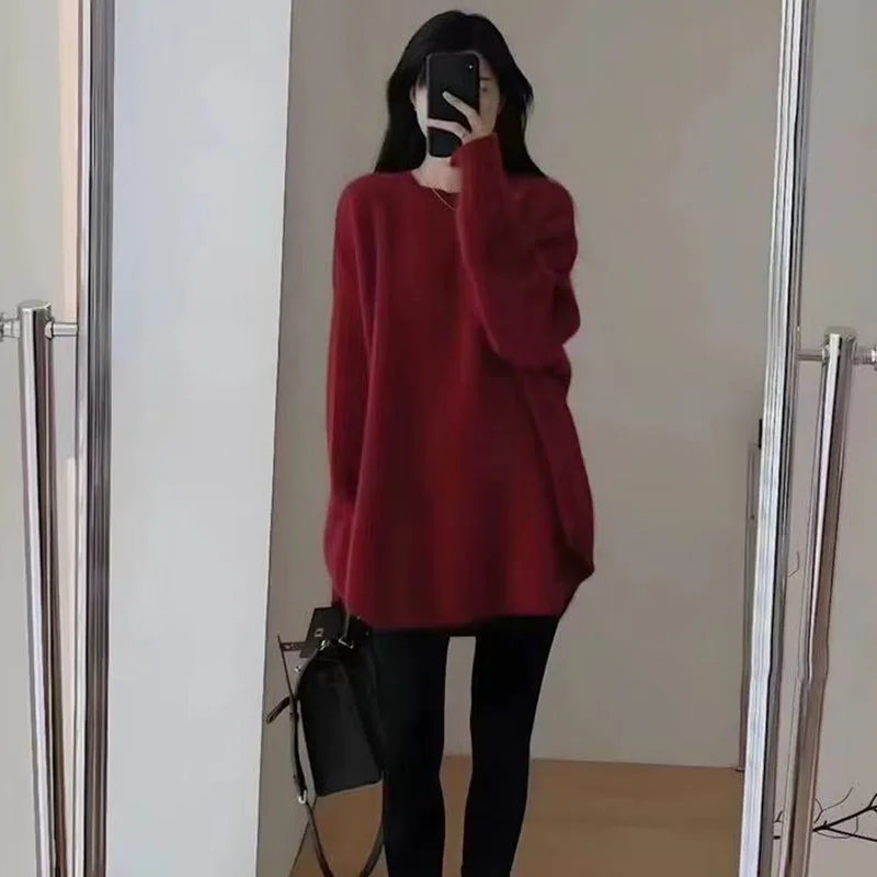 

New Lazy Style For Autumn Winter 2024 Loose Medium To Long Woolen Sweater, Women's Round Neck Solid Color Sweater, Base Sweater