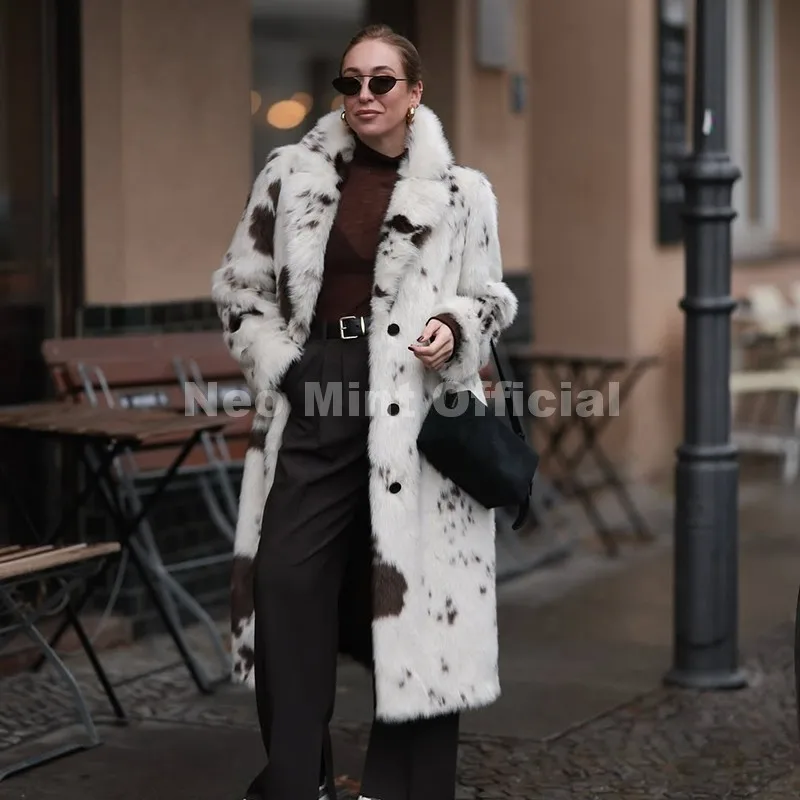 Luxury Cow Print Faux Fur Coat for Women - Winter 2025