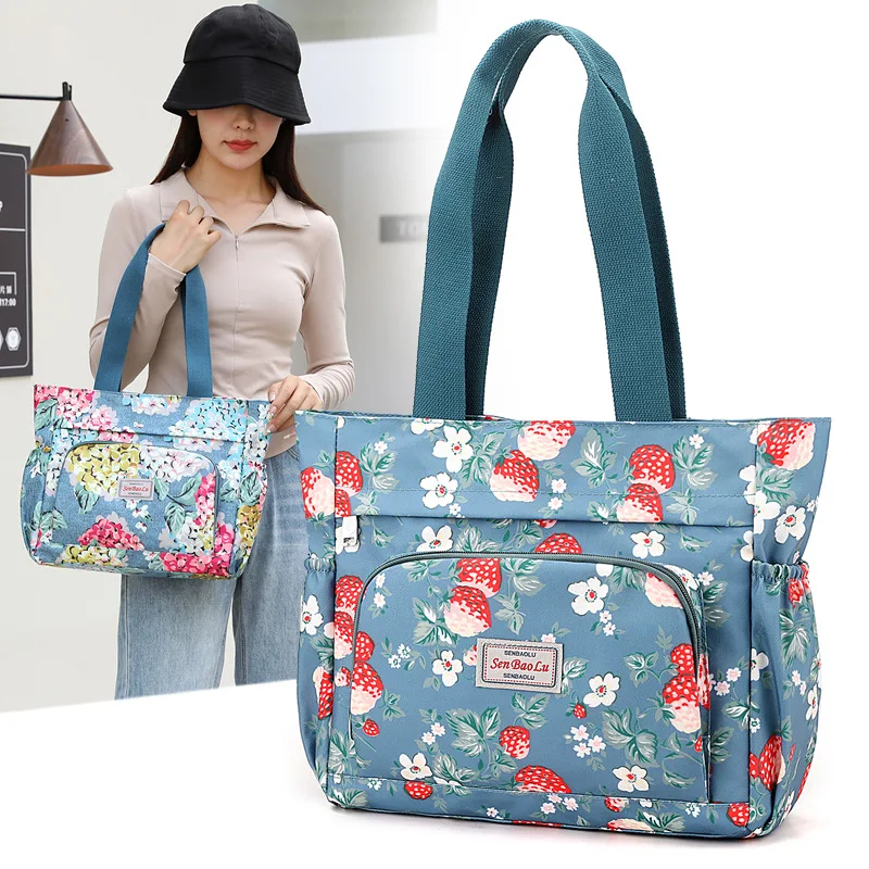 2024 New Casual Women Handbags Floral Print Large Capacity Waterproof Nylon Travel Shoulder Bags Light Weight Mommy Tote Bags