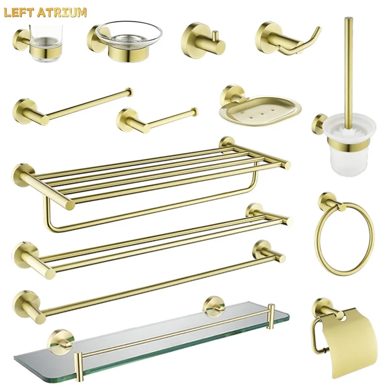 

Brushed Gold Bathroom Accessories Towel Rack Toilet Brush Roll Paper Holder Towel Bar Hook Soap Dish Bathrom Hardware Wall Shelf
