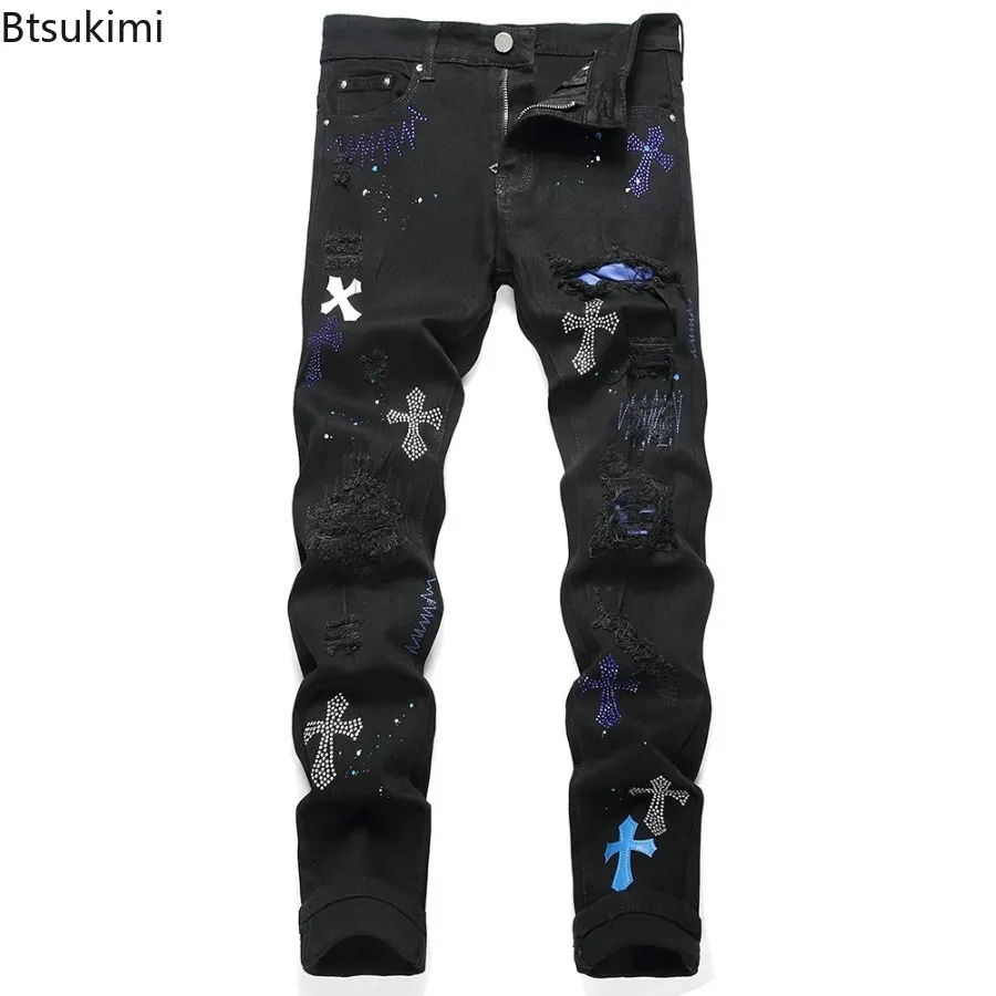2026 New Men's Fashion Crystal Cross Stretch Denim Jeans Holes Ripped Distressed Black Pants Embroidery Slim Tapered Trousers