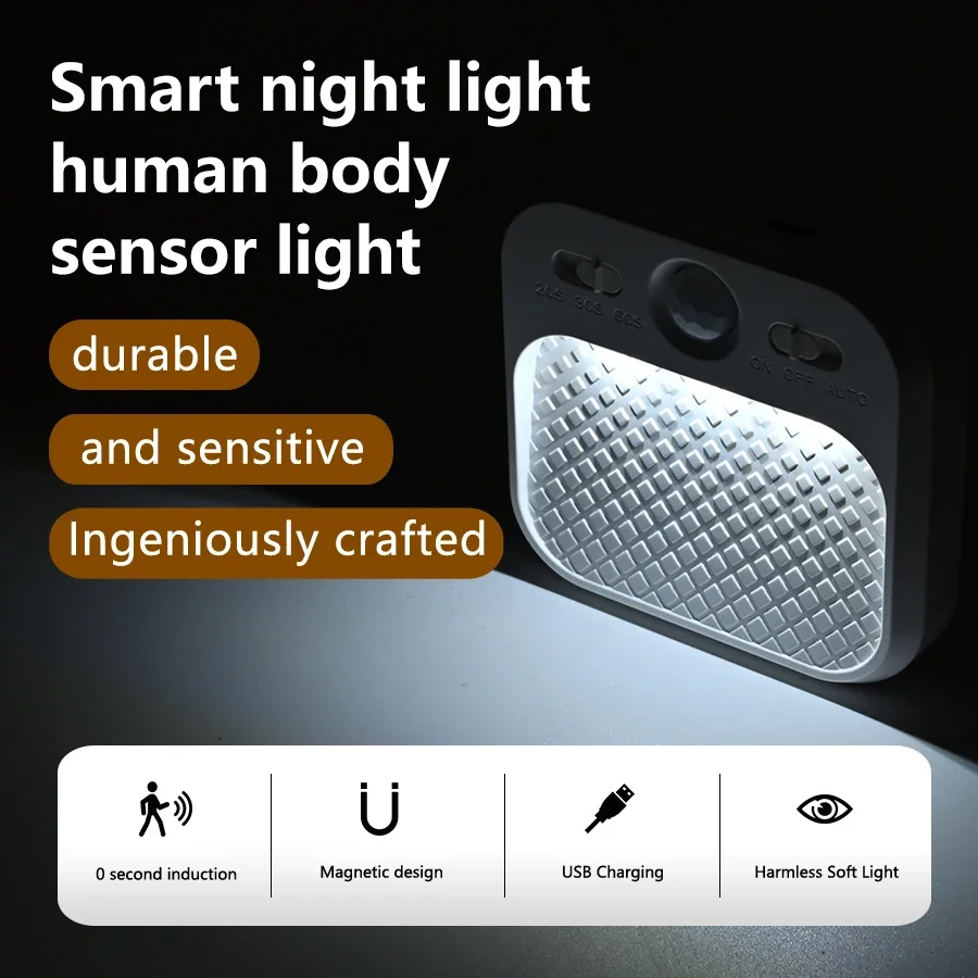 White Small Square Human Body Sensor Light 3 Colors Adjustable Rechargeable Magnetic Light for Closet Room Restroom Night Light