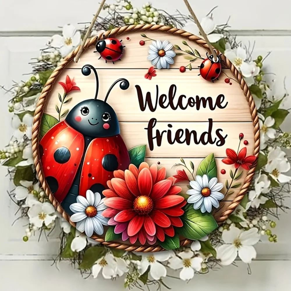 1pc Ladybug Daisy Flower Welcome Wooden Door Sign Round Wooden Hanging Sign for Indoor Outdoor Home Wall Farmhouse Decorations