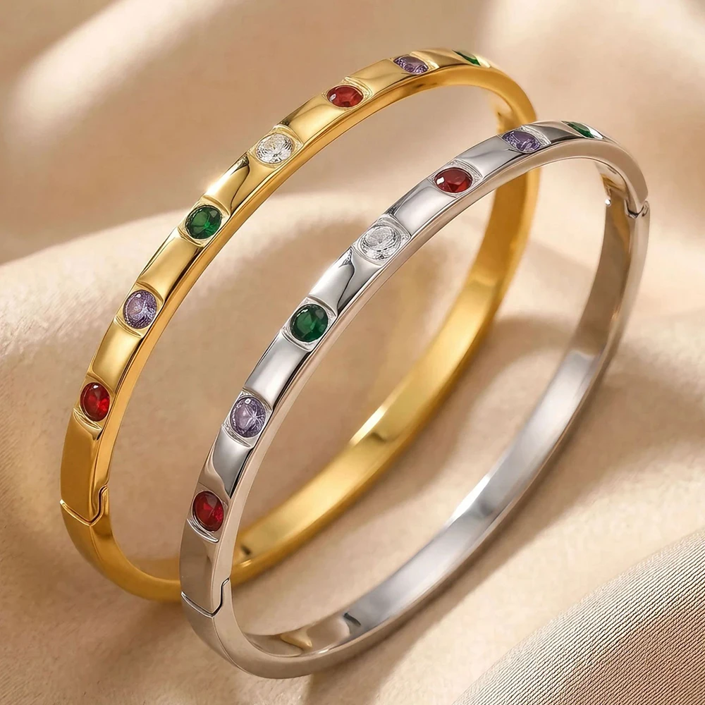 Airfriend Women Stainless Steel Bracelet Ladies Luxury Red Green Diamond Inlay Waterproof Buckle Bracelet wholesale