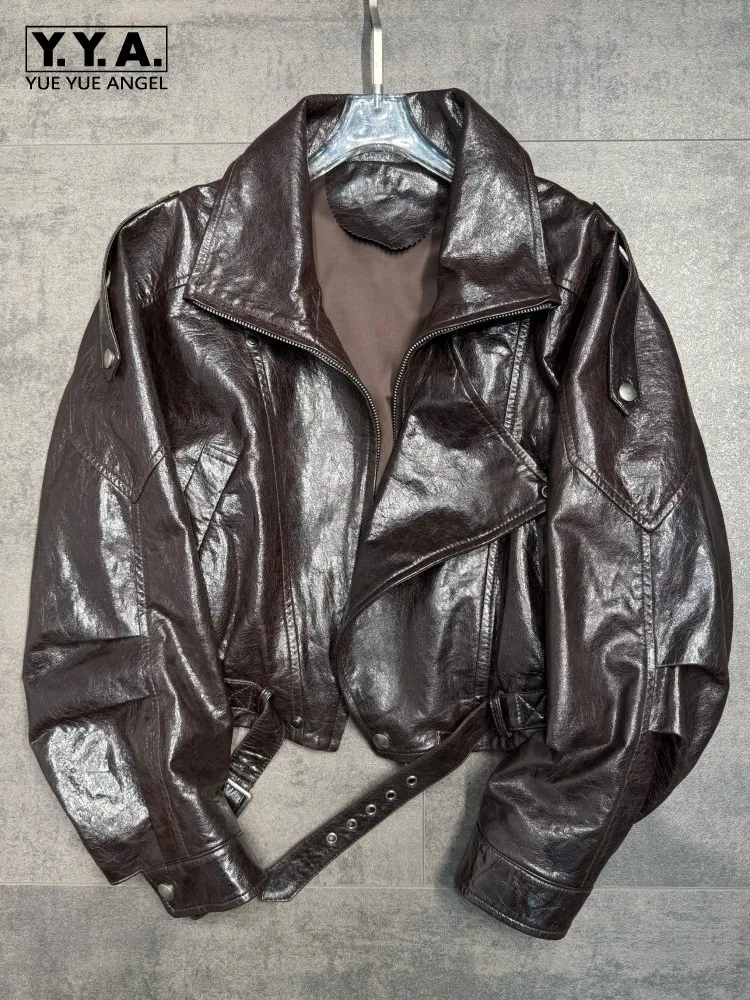 British Female Turn-Down Collar Single-Breasted Genuine Leather Jacket Solid Color Sheepskin Long Sleeves Outwear