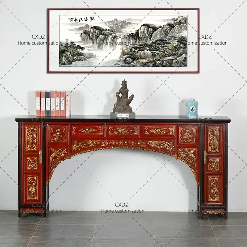 Chinese Classical Antique Gold Lacquer Wood Carving Porch Table Nostalgic Retro Entryway Console Table Buddhist Altar Stand