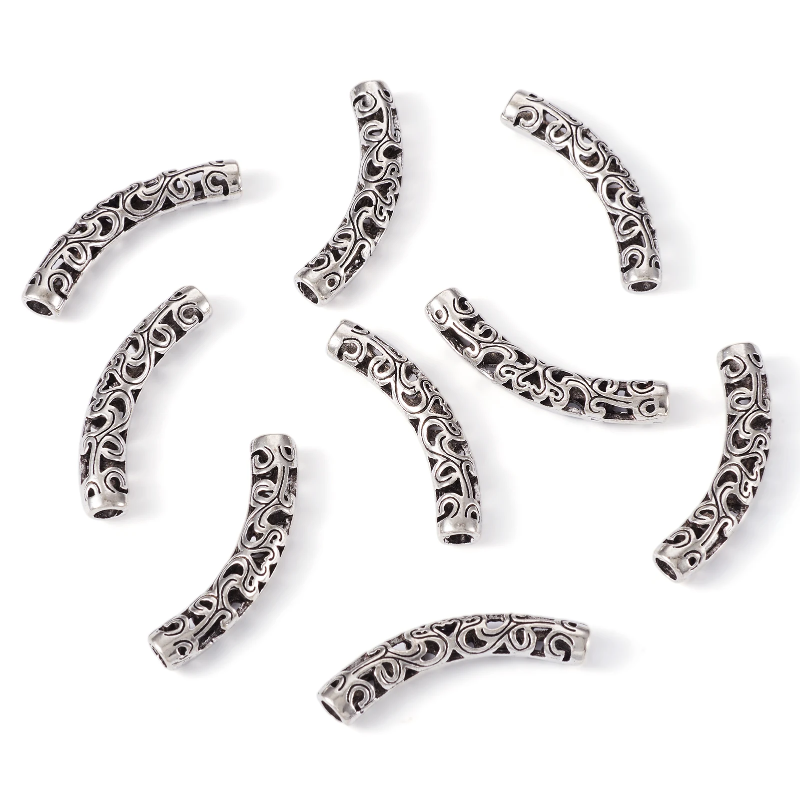 100pcs Curved Tube Noodle Beads Antique Silver Color Tibetan Alloy Hollow Spacer Beads for Jewelry Making DIY Bracelet Necklace