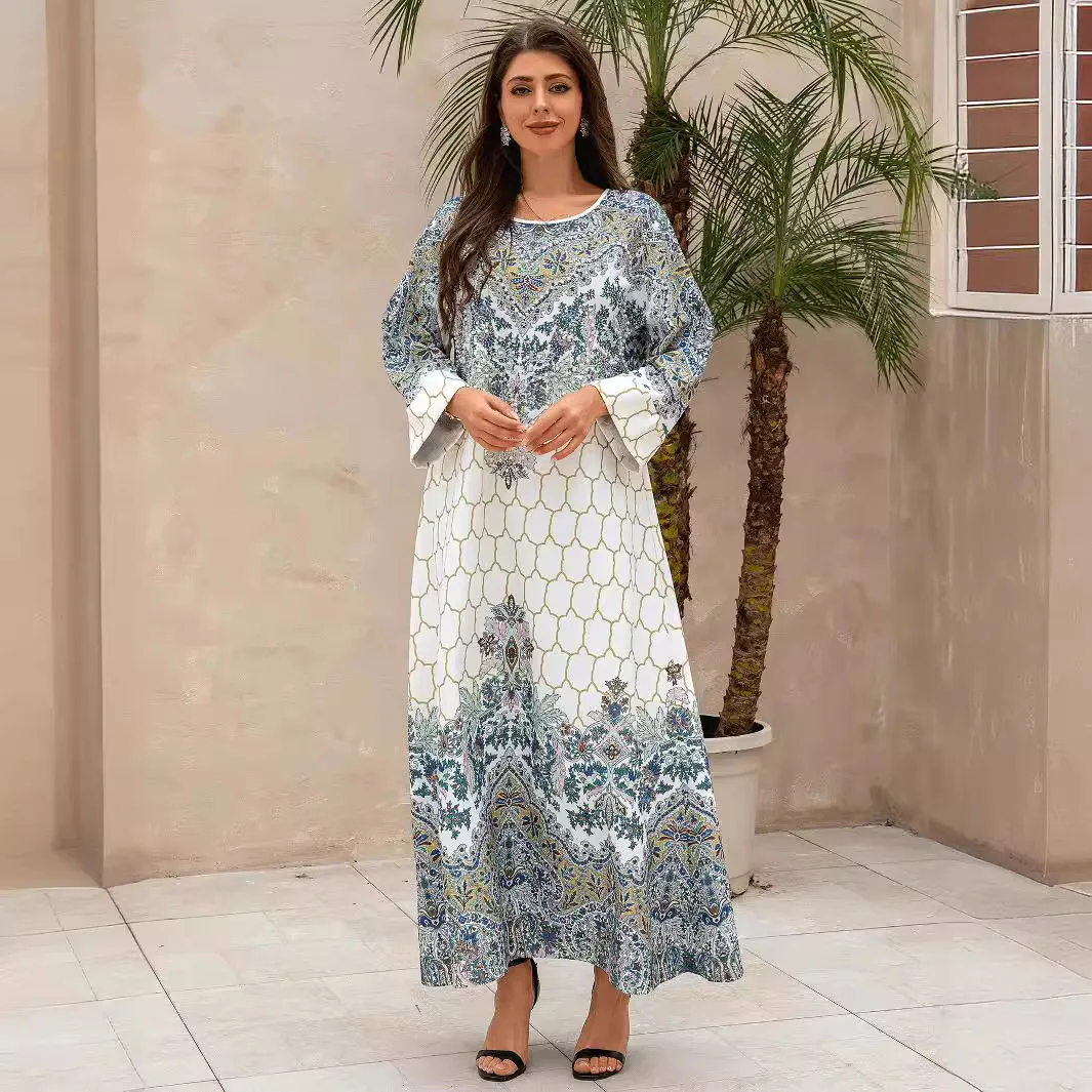 

Middle East Muslim print dress ethnic style slim-fitting crew neck robe fashionable simple temperament elegant vacation style hi