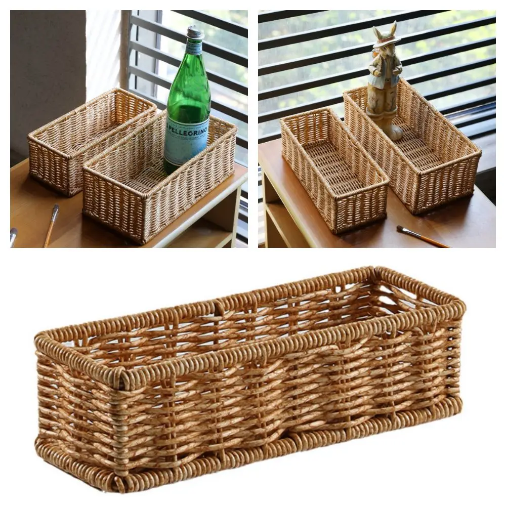 Coffee Storage Basket Plastic Rectangle Desktop Organization Box Woven Pattern Seasoning Bottle Display Basket Home Shop Hotel